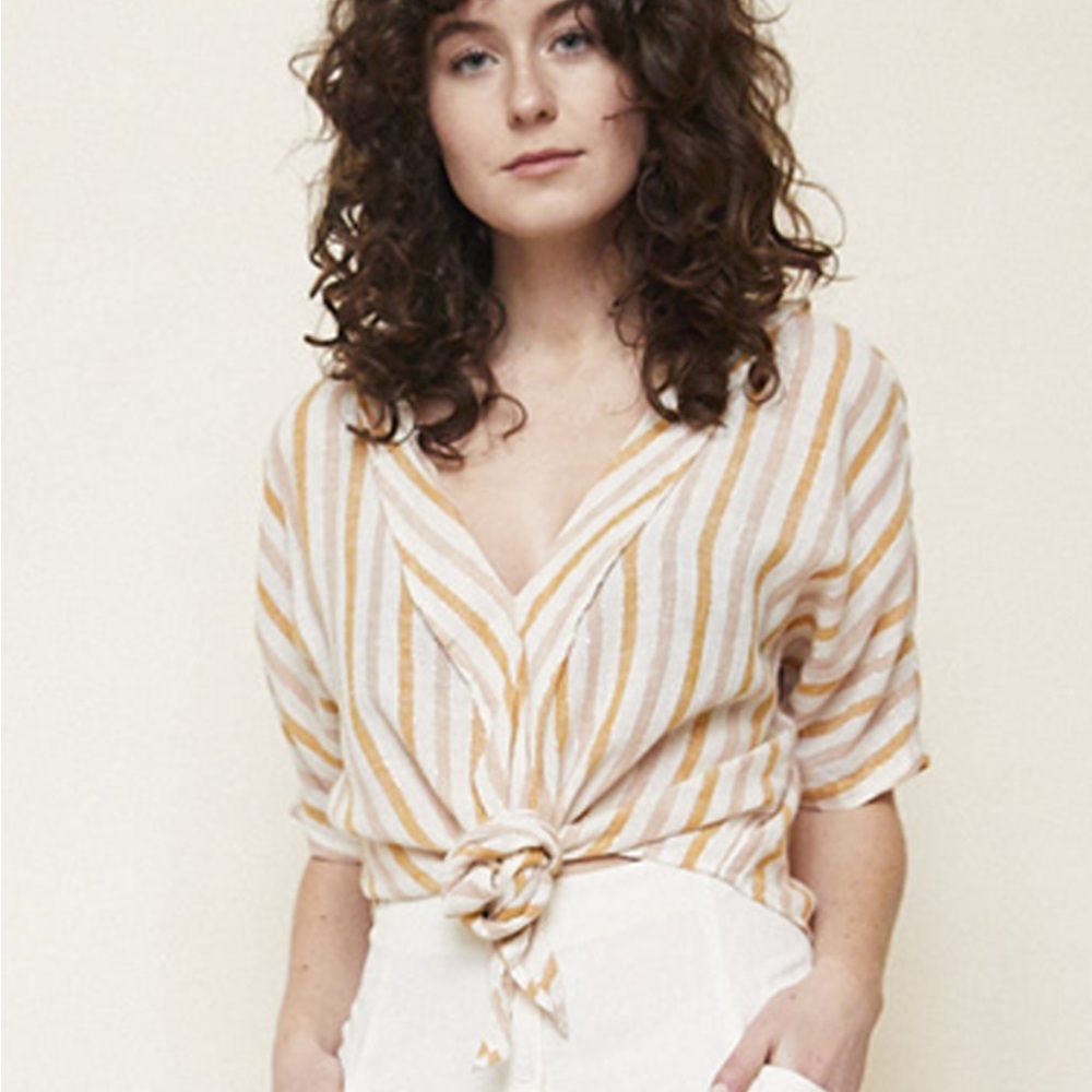 Rails Cream and Tan Striped Tie-Front linen Blouse v-neck size S